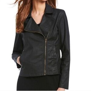 Eileen Fisher Leather black moto biker jacket Asymmetrical zip size small